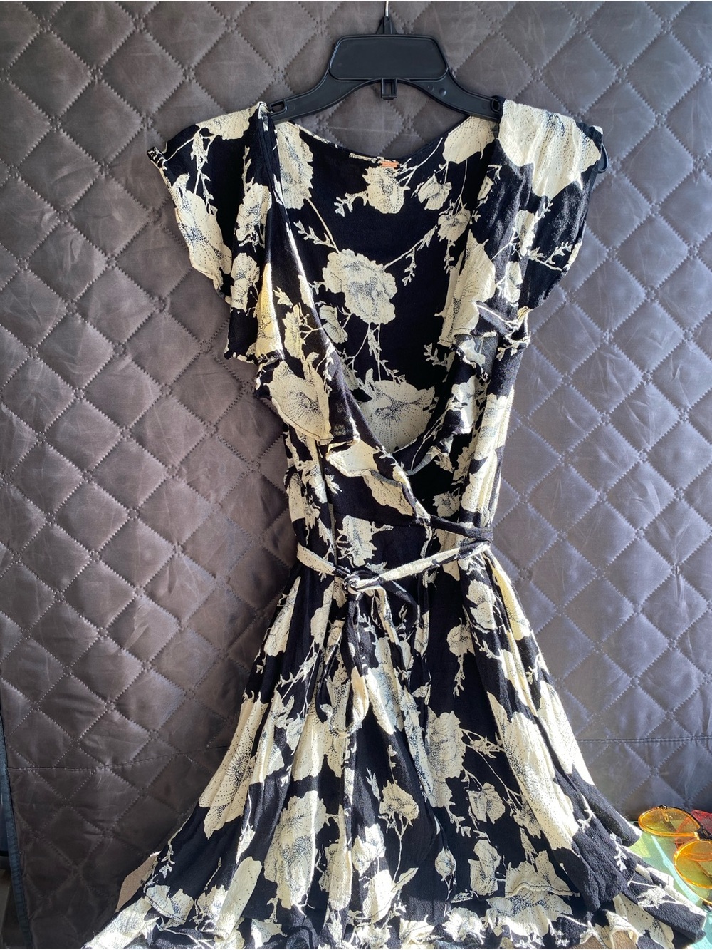 Free People French Quarter Floral Ruffled Mini Wrap Dress Black Ivory